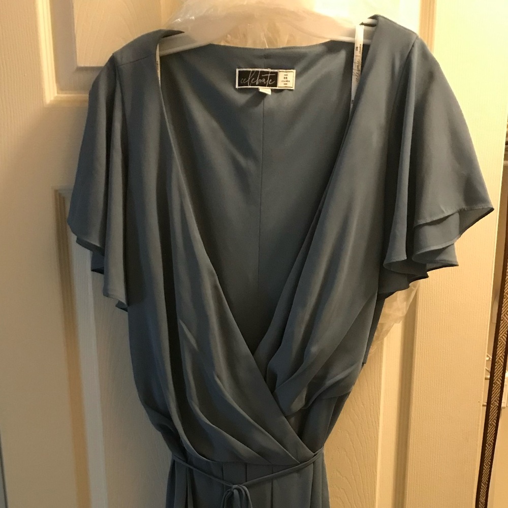 FLUTTER SLEEVE GEORGETTE WRAP BRIDESMAID DRESS, STEEL BLUE, SIZE 20